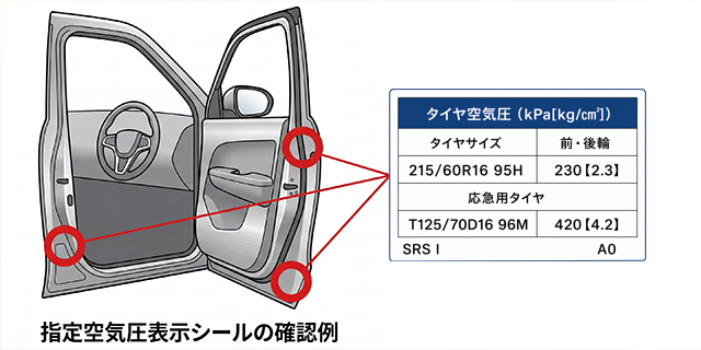 指定空気圧表示シールの確認例