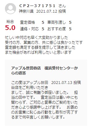 グー買取より W様 お客様の声 世田谷店 中古車買取 中古車査定のアップル